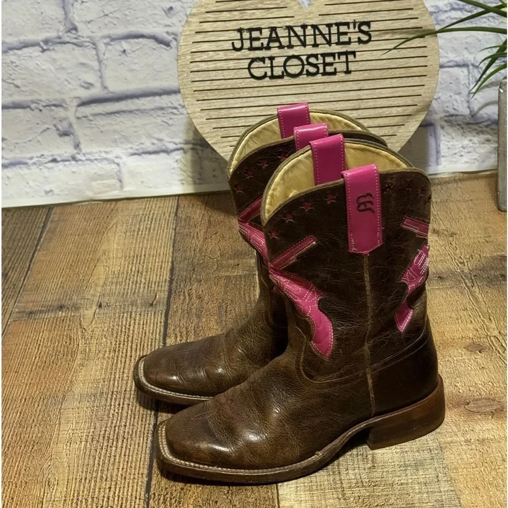Macie Bean Pink Square Toe Guns Revolvers Stars Cowgirl Boots US 2